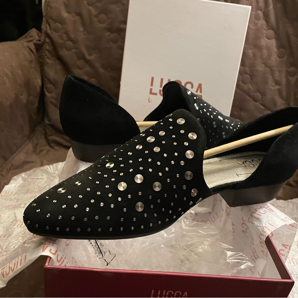 Lucca Lane Kaelyn Black Suede Studded Loafers Womens Size 10